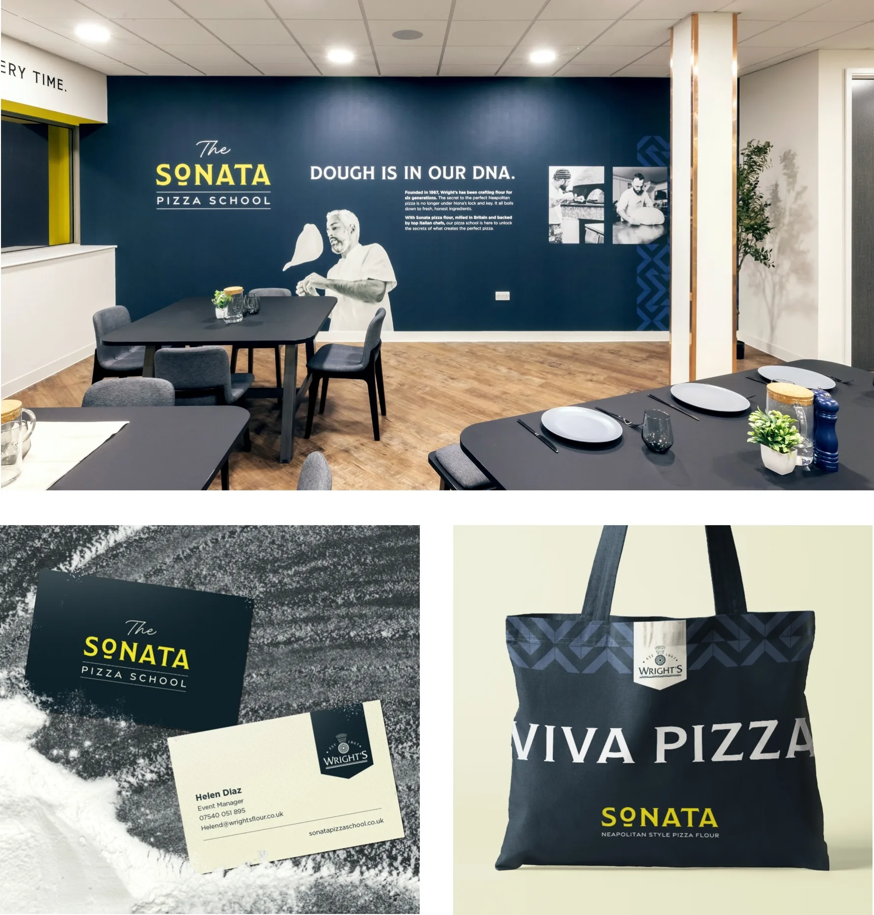 Inside the sonata pizza school dining area. Business card designs and tote bags. All designed by Cygnus.